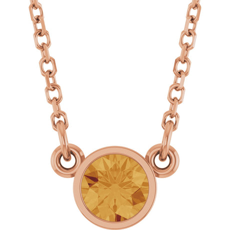 14K Gold Round Natural Citrine Bezel-Set Solitaire Birthstone Necklace - Rose Gold