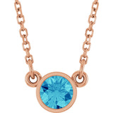 14K Gold Round Natural Blue Zircon Bezel-Set Solitaire Birthstone Necklace - Rose Gold