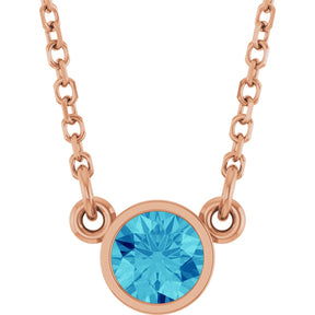 14K Gold Round Natural Blue Zircon Bezel-Set Solitaire Birthstone Necklace - Rose Gold