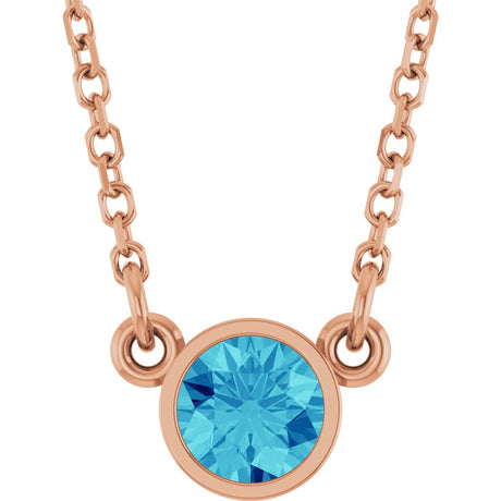 14K Gold Round Natural Blue Zircon Bezel-Set Solitaire Birthstone Necklace - Rose Gold