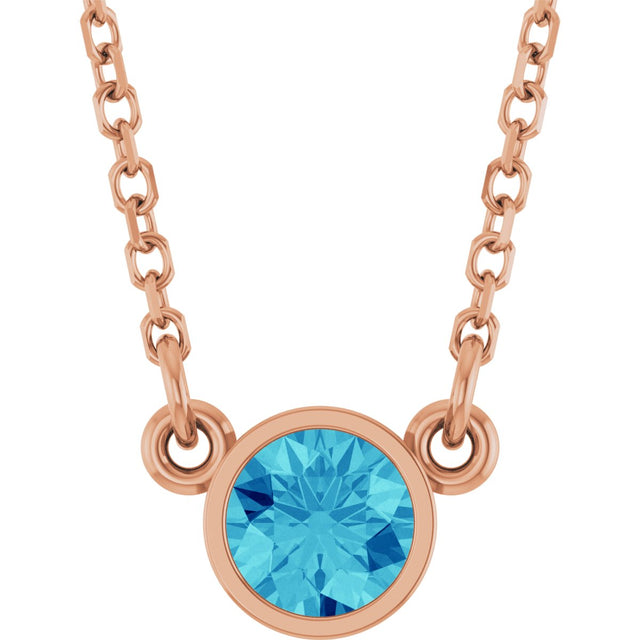 14K Gold Round Natural Blue Zircon Bezel-Set Solitaire Birthstone Necklace - Rose Gold