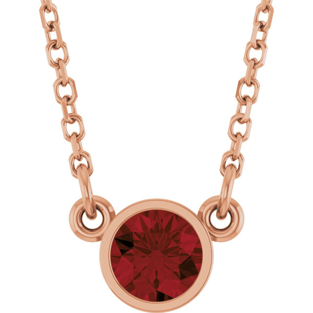 14K Gold Round Natural Mozambique Garnet Bezel-Set Solitaire Birthstone Necklace - Rose Gold