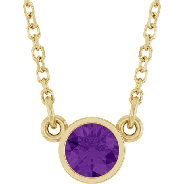 14K Gold Round Natural Amethyst Bezel-Set Solitaire Birthstone Necklace - Yellow Gold