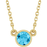 14K Gold Round Natural Aquamarine Bezel-Set Solitaire Birthstone Necklace II - Yellow Gold