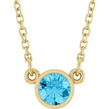 14K Gold Round Natural Aquamarine Bezel-Set Solitaire Birthstone Necklace II - Yellow Gold