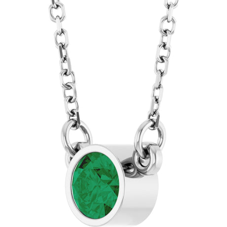 Platinum Round Natural Emerald Bezel-Set Solitaire Birthstone Necklace II - view 2