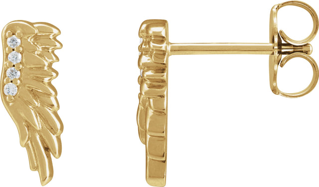 14K Gold Round Natural Diamond Accented Angel Wing Earrings – 0.8mm Stones - Yellow Gold