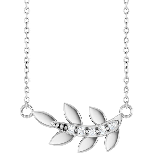 14K Gold Round Natural Diamond Accented Leaf Necklace - White Gold
