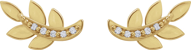 14K Gold Round Natural Diamond Accented Leaf Earrings – 1.2mm Stones - Yellow Gold - view 3