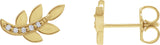 14K Gold Round Natural Diamond Accented Leaf Earrings – 1.2mm Stones - Yellow Gold - view 2