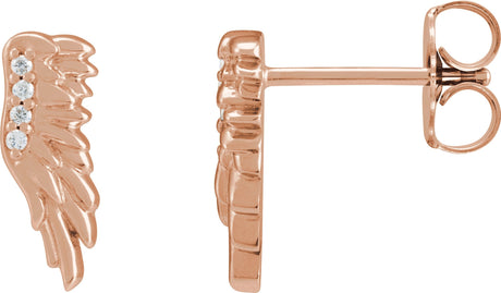 14K Gold Round Natural Diamond Accented Angel Wing Earrings – 0.8mm Stones - Rose Gold