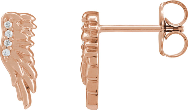 14K Gold Round Natural Diamond Accented Angel Wing Earrings – 0.8mm Stones - Rose Gold