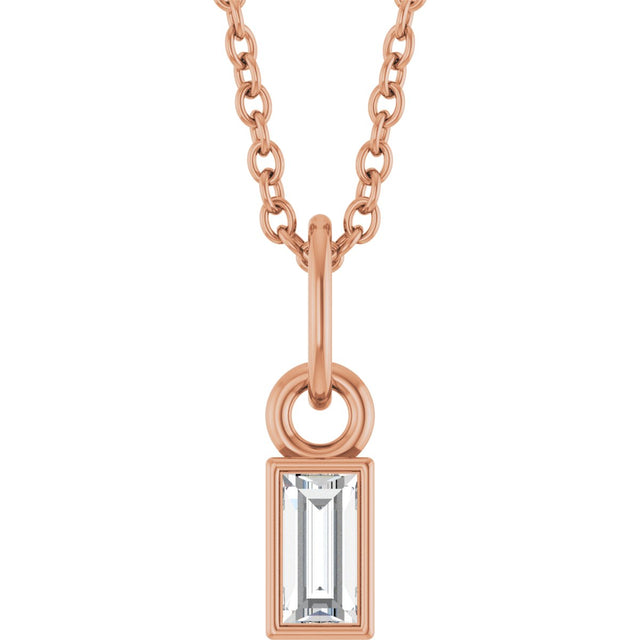 14K Gold Straight Baguette Lab-Grown Diamond Solitaire Necklace or Pendant – 5x2mm - Rose Gold