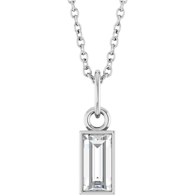 14K Gold Straight Baguette Natural Diamond Solitaire Necklace or Pendant - White Gold