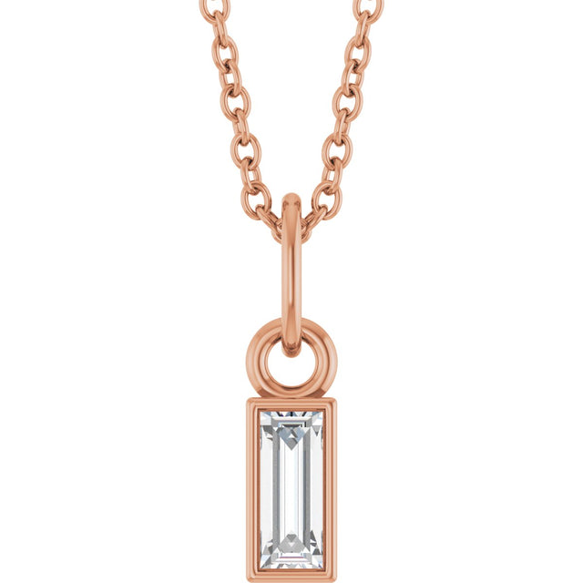 14K Gold Straight Baguette Lab-Grown Diamond Solitaire Necklace or Pendant – 5x2mm - Rose Gold