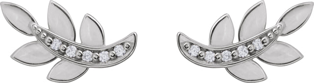 14K Gold Round Natural Diamond Accented Leaf Earrings – 1.2mm Stones - White Gold - view 3