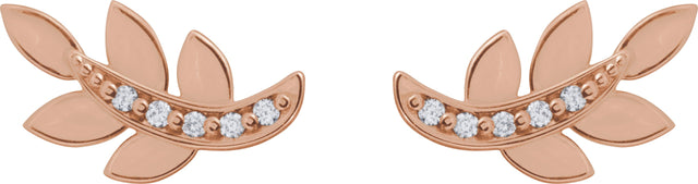 14K Gold Round Natural Diamond Accented Leaf Earrings – 1.2mm Stones - Rose Gold - view 3