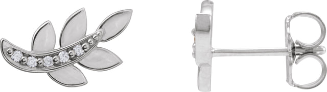 14K Gold Round Natural Diamond Accented Leaf Earrings – 1.2mm Stones - White Gold - view 2