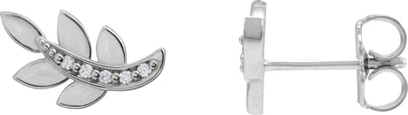 14K Gold Round Natural Diamond Accented Leaf Earrings – 1.2mm Stones - White Gold