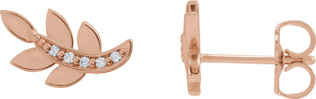 14K Gold Round Natural Diamond Accented Leaf Earrings – 1.2mm Stones - Rose Gold