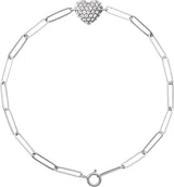 14K Gold Round Natural Diamond Accented Heart Paperclip-Style Bracelet - White Gold