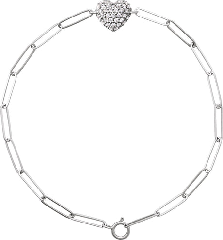 14K Gold Round Natural Diamond Accented Heart Paperclip-Style Bracelet - White Gold