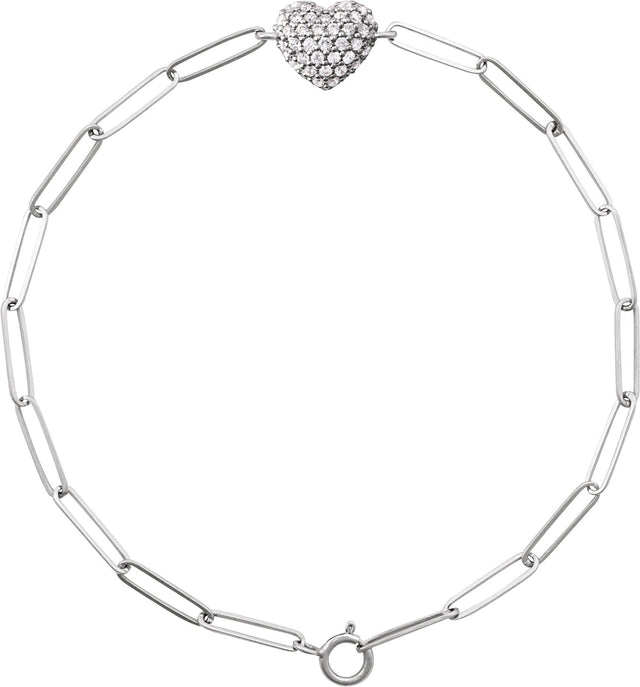 14K Gold Round Natural Diamond Accented Heart Paperclip-Style Bracelet - White Gold