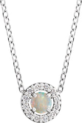 14K Gold Round Natural White Opal Halo-Style Rose-Cut Necklace or Pendant - White Gold