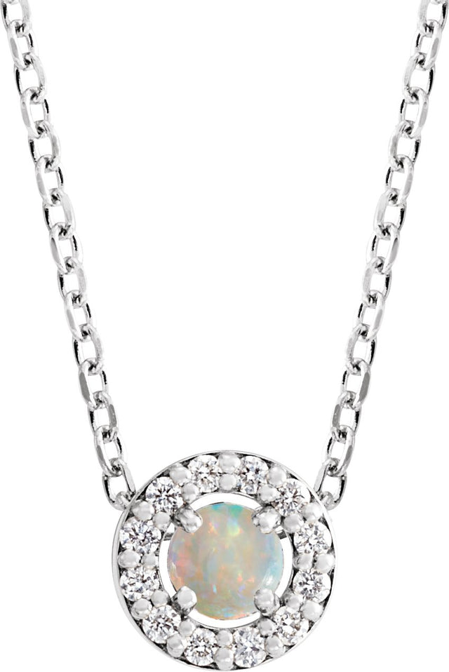 14K Gold Round Natural White Opal Halo-Style Rose-Cut Necklace or Pendant - White Gold