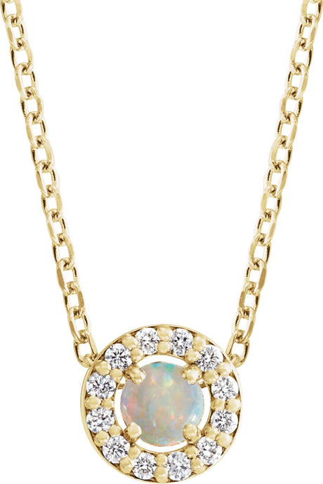 14K Gold Round Natural White Opal Halo-Style Rose-Cut Necklace or Pendant - Yellow Gold
