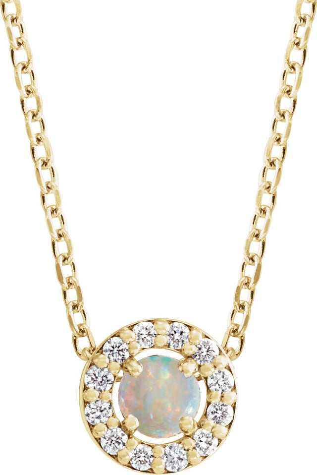 14K Gold Round Natural White Opal Halo-Style Rose-Cut Necklace or Pendant - Yellow Gold