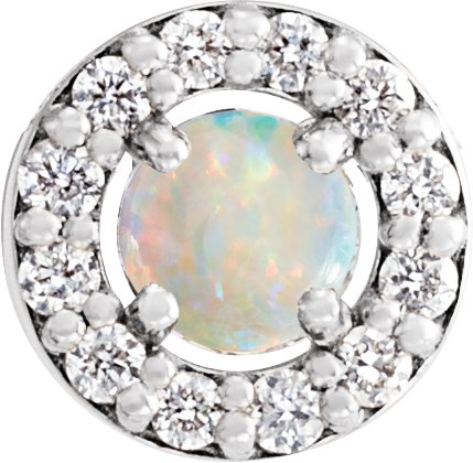 14K Gold Round Natural White Opal Halo-Style Rose-Cut Necklace or Pendant - White Gold