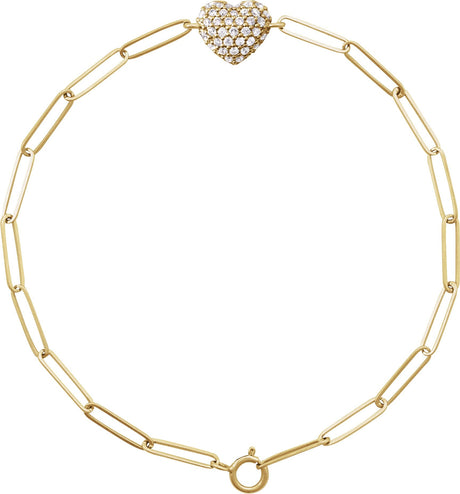 14K Gold Round Natural Diamond Accented Heart Paperclip-Style Bracelet - Yellow Gold