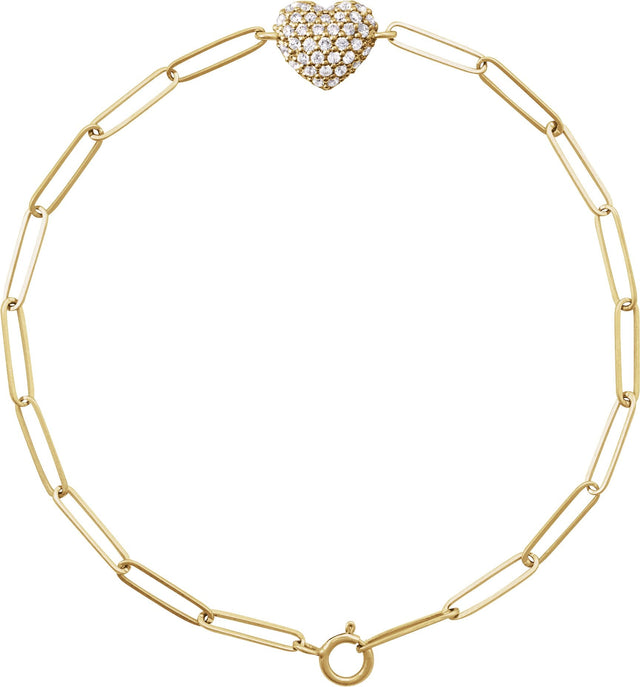 14K Gold Round Natural Diamond Accented Heart Paperclip-Style Bracelet - Yellow Gold