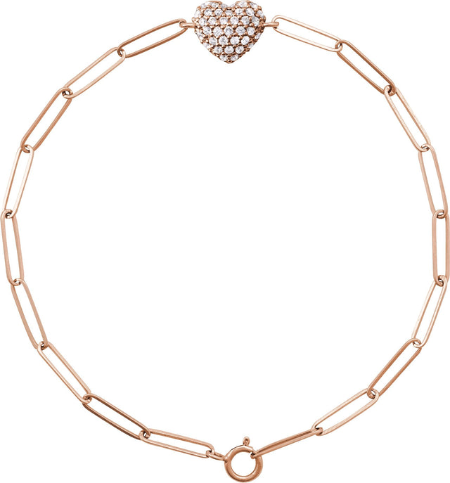14K Gold Round Natural Diamond Accented Heart Paperclip-Style Bracelet - Rose Gold