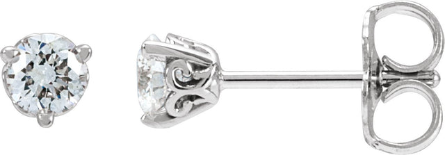 14K Gold Natural Diamond Round 3-Prong Scroll Stud Earrings – 3-4mm Stones - White Gold