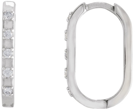Platinum Round Natural Diamond Elongated Hoop Earrings