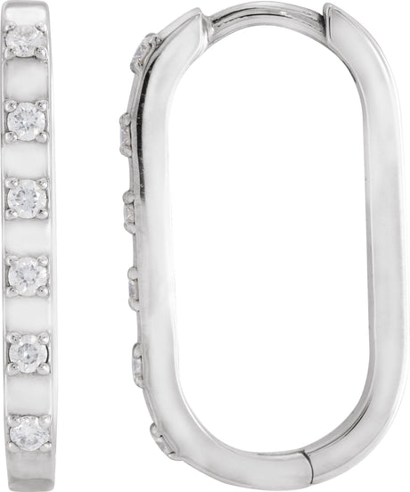 Platinum Round Natural Diamond Elongated Hoop Earrings
