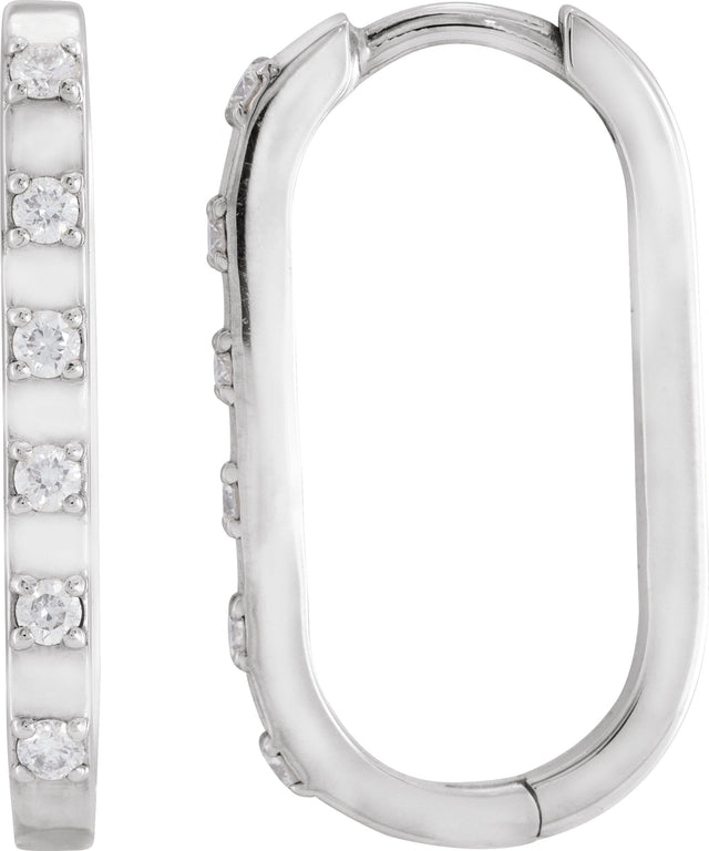 Platinum Round Natural Diamond Elongated Hoop Earrings