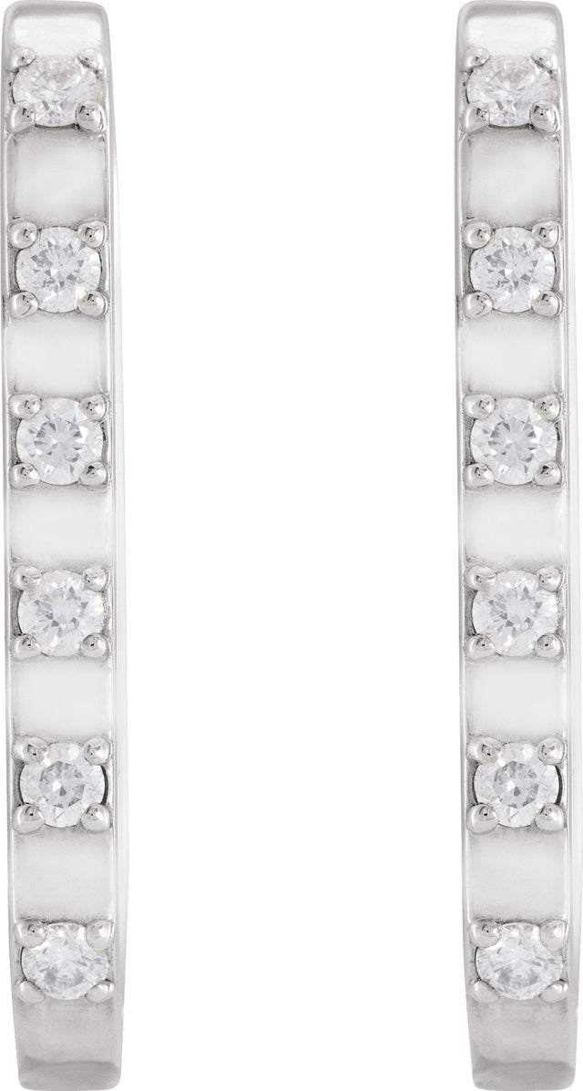 14K Gold Round Natural Diamond Elongated Hoop Earrings - White Gold - view 2