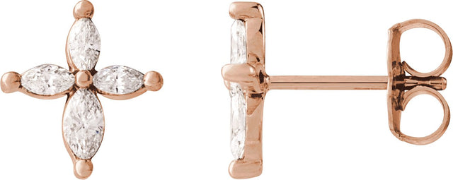 14K Gold Marquise Natural Diamond Accented Cross Earrings - Rose Gold