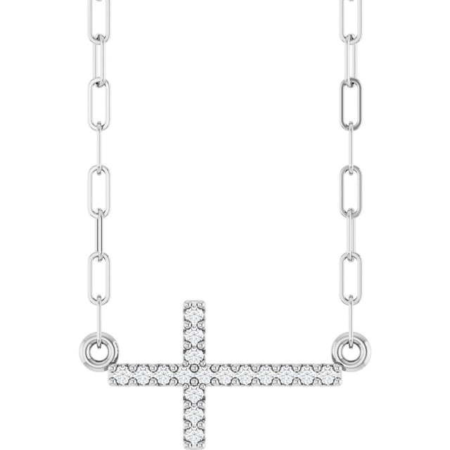 14K Gold Round Natural Diamond Accented Sideways Cross Necklace – 19.3x10.8mm - White Gold