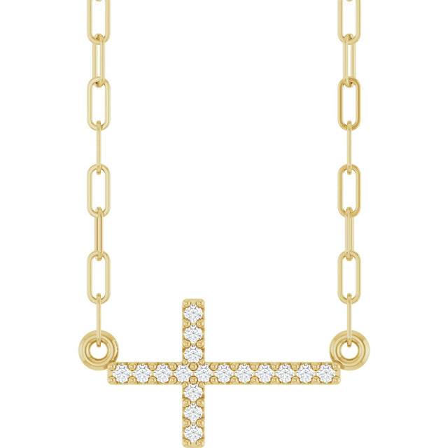14K Gold Round Natural Diamond Accented Sideways Cross Necklace – 19.3x10.8mm - Yellow Gold