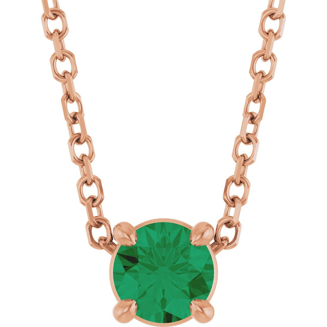 14K Gold Round Natural Emerald Solitaire Slide Necklace or Pendant - Rose Gold