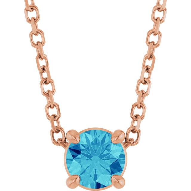 14K Gold Round Natural Blue Zircon Solitaire Slide Necklace or Pendant - Rose Gold