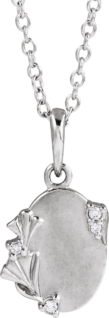 14K Gold Round Natural Diamond Accented Engravable Floral Necklace or Pendant - White Gold