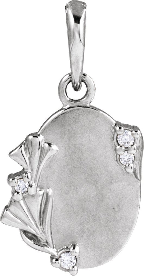 14K Gold Round Natural Diamond Accented Engravable Floral Necklace or Pendant - White Gold
