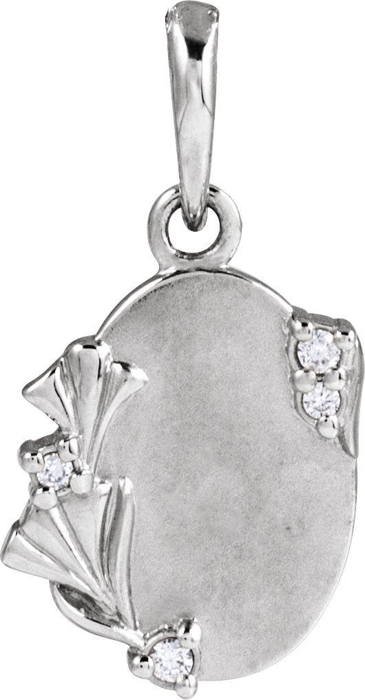 14K Gold Round Natural Diamond Accented Engravable Floral Necklace or Pendant - White Gold