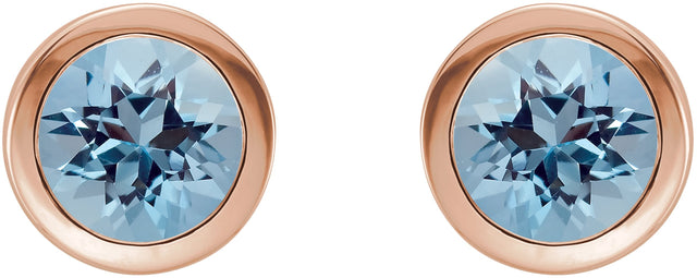 14K Gold Natural Aquamarine Round Bezel-Set Birthstone Stud Earrings - Rose Gold - view 2