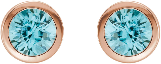 14K Gold Natural Blue Zircon Round Bezel-Set Birthstone Stud Earrings - Rose Gold - view 2